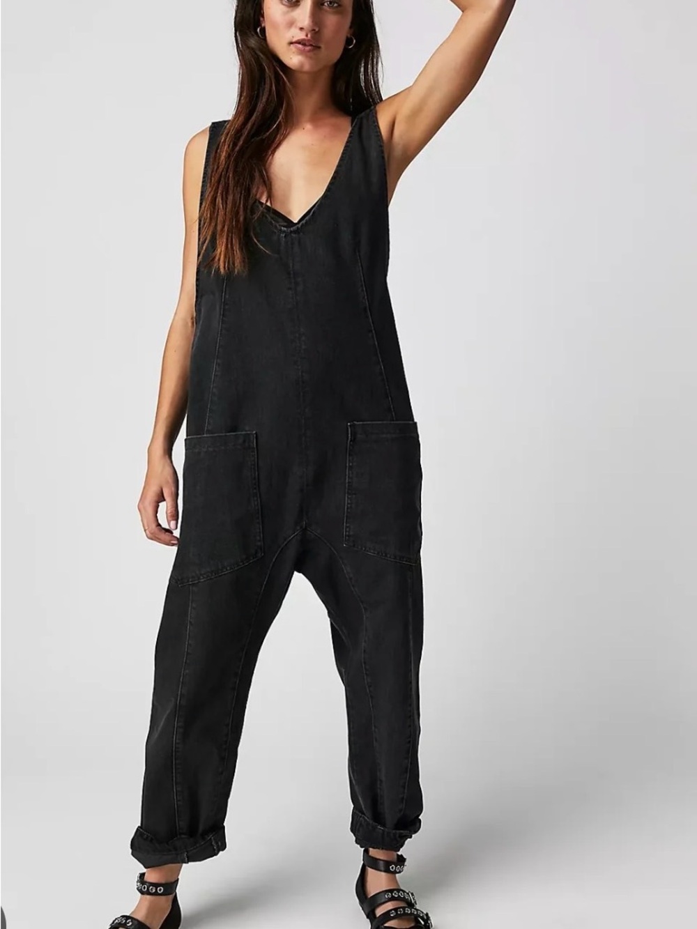 Free People Washed Black Denim V-Neck Overalls